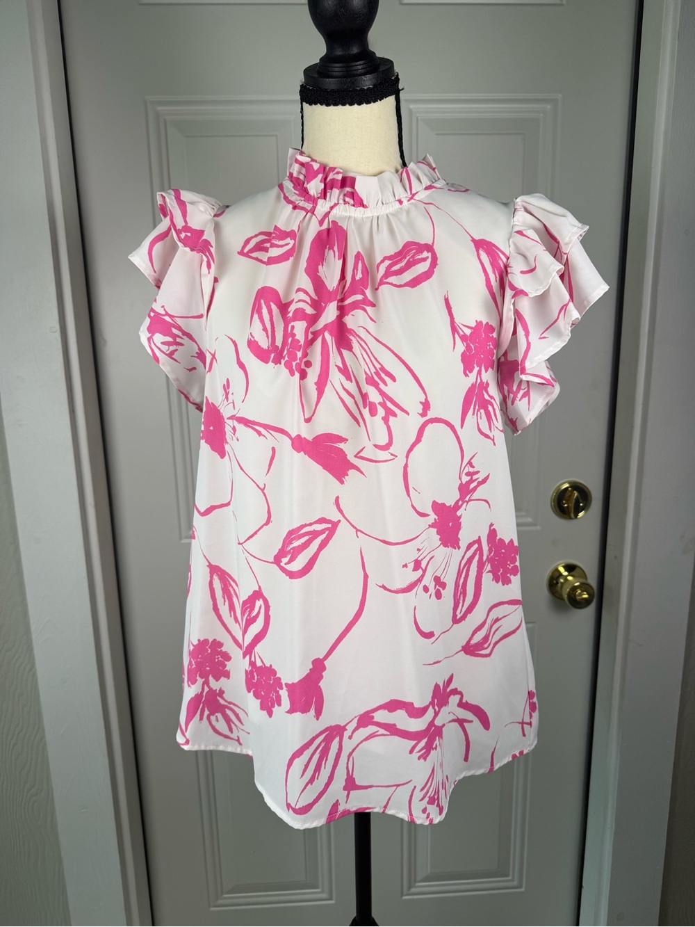 Girls White Top with Hot Pink Floral Ruffle Sleeves